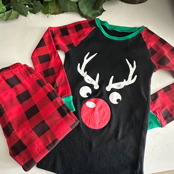 Kids Reindeer Christmas Pajamas Set Size 6 Little Pajamas Cotton Black & Red Pla - Picture 8 of 9